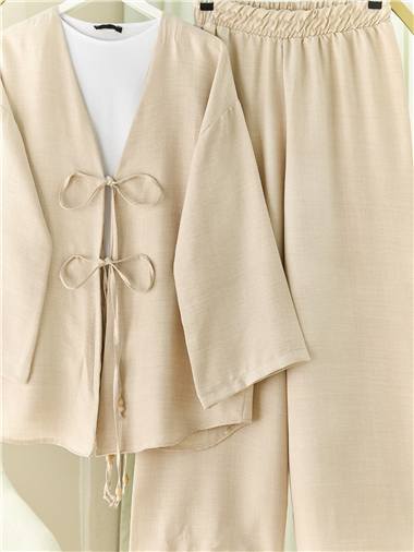 Önü Çift Bağlamalı Pantolonlu Kimono Takım       -Taş