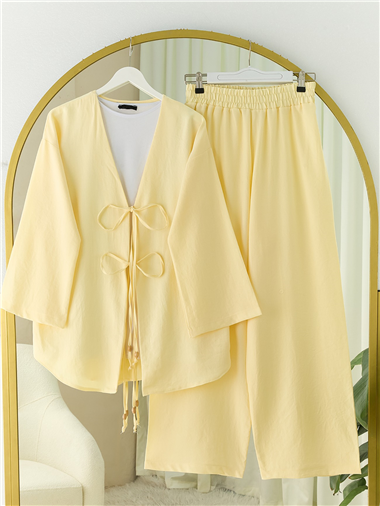 Önü Çift Bağlamalı Pantolonlu Kimono Takım       -Açık Sarı
