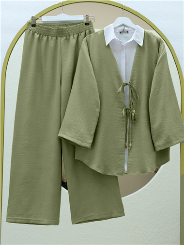 Önü Çift Bağlamalı Pantolonlu Kimono Takım -Haki
