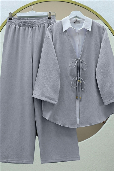 Önü Çift Bağlamalı Pantolonlu Kimono Takım    -Gri