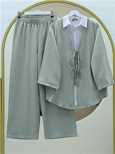 Önü Çift Bağlamalı Pantolonlu Kimono Takım  -Mint