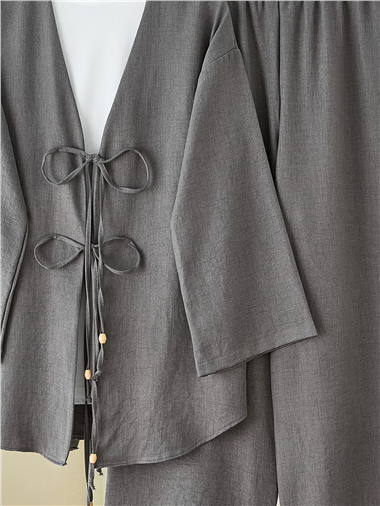 Önü Çift Bağlamalı Pantolonlu Kimono Takım       -Antrasit