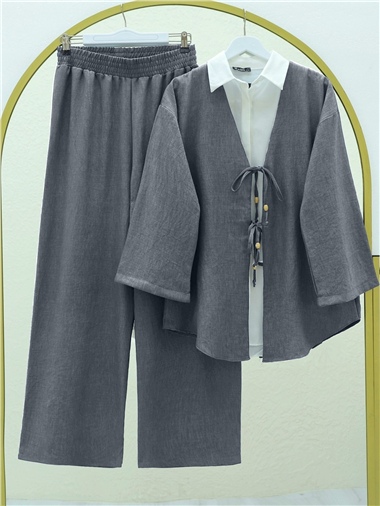 Önü Çift Bağlamalı Pantolonlu Kimono Takım    -Füme