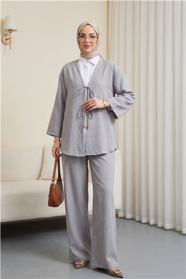 Önü Çift Bağlamalı Pantolonlu Kimono Takım    -Gri