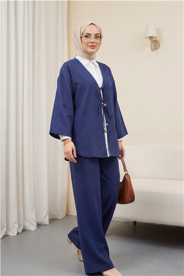 Önü Çift Bağlamalı Pantolonlu Kimono Takım -Laci