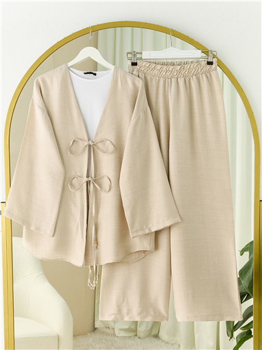 Önü Çift Bağlamalı Pantolonlu Kimono Takım       -Taş