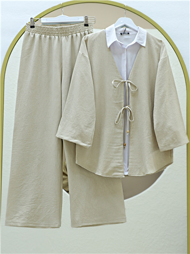 Önü Çift Bağlamalı Pantolonlu Kimono Takım -Bej