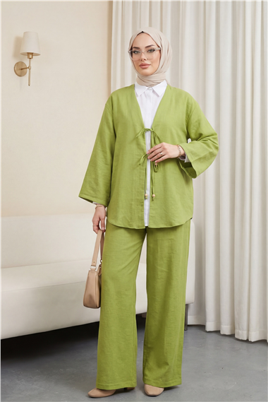 Önü Çift Bağlamalı Pantolonlu Kimono Takım -Yağ Yeşili