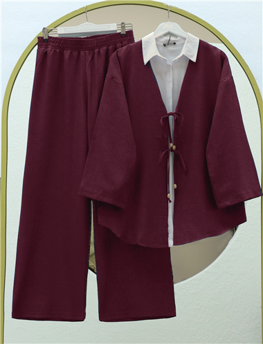 Önü Çift Bağlamalı Pantolonlu Kimono Takım     -Bordo