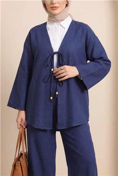 Önü Çift Bağlamalı Pantolonlu Kimono Takım -Laci