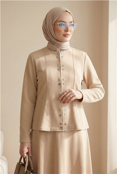 Önü Çift Çıtçıtlı Beli Volanlı Etekli Scuba Takım -Vizon