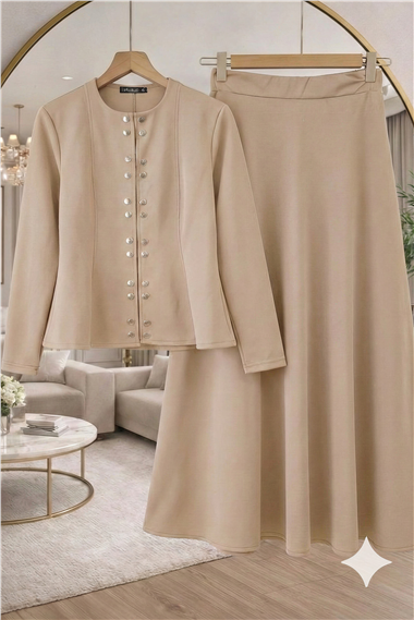 Önü Çift Çıtçıtlı Beli Volanlı Etekli Scuba Takım -Vizon