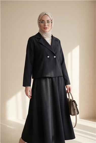 Önü Çift Düğmeli Kruvaze Yaka Ceket Etek Double Krep Takım   -Siyah