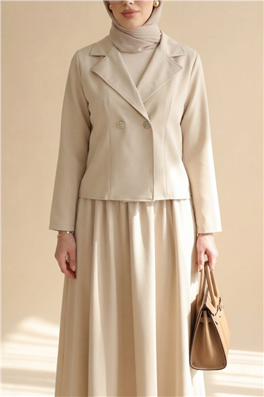 Önü Çift Düğmeli Kruvaze Yaka Ceket Etek Double Krep Takım   -Bej