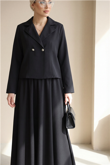 Önü Çift Düğmeli Kruvaze Yaka Ceket Etek Double Krep Takım   -Siyah