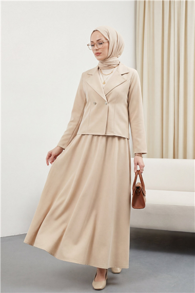 Önü Çift Düğmeli Kruvaze Yaka Ceket Etek Double Krep Takım   -Bej