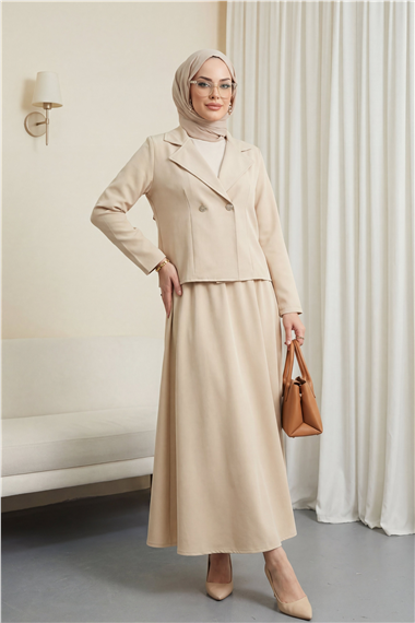 Önü Çift Düğmeli Kruvaze Yaka Ceket Etek Double Krep Takım   -Bej