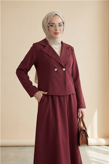 Önü Çift Düğmeli Kruvaze Yaka Ceket Etek Double Krep Takım   -Bordo