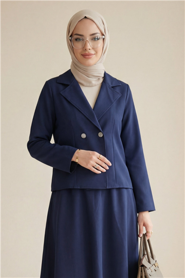 Önü Çift Düğmeli Kruvaze Yaka Ceket Etek Double Krep Takım   -Laci