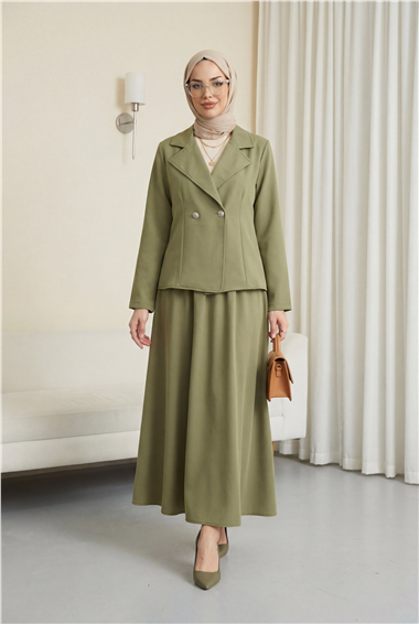 Önü Çift Düğmeli Kruvaze Yaka Ceket Etek Double Krep Takım   -Çağla Y.