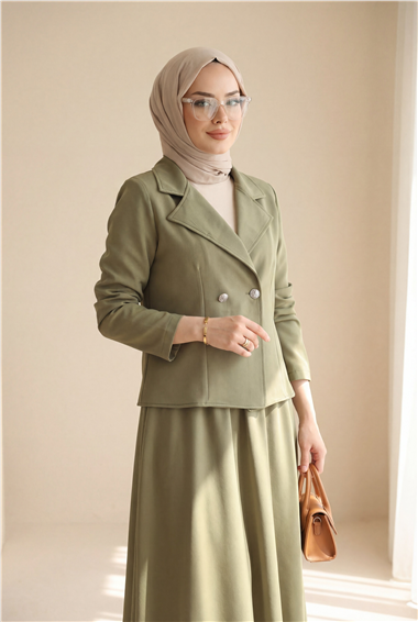 Önü Çift Düğmeli Kruvaze Yaka Ceket Etek Double Krep Takım   -Çağla Y.