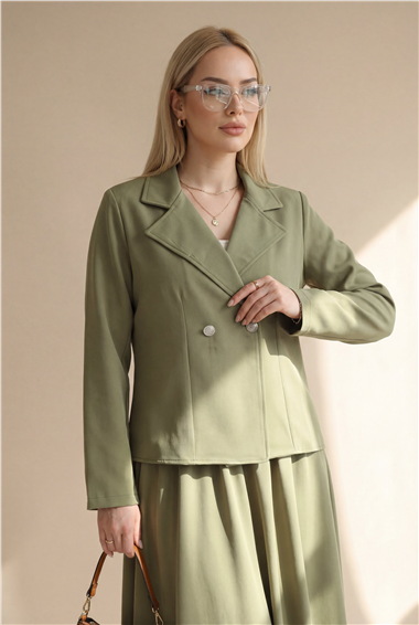 Önü Çift Düğmeli Kruvaze Yaka Ceket Etek Double Krep Takım   -Çağla Y.