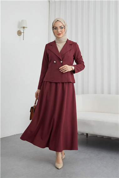 Önü Çift Düğmeli Kruvaze Yaka Ceket Etek Double Krep Takım   -Bordo