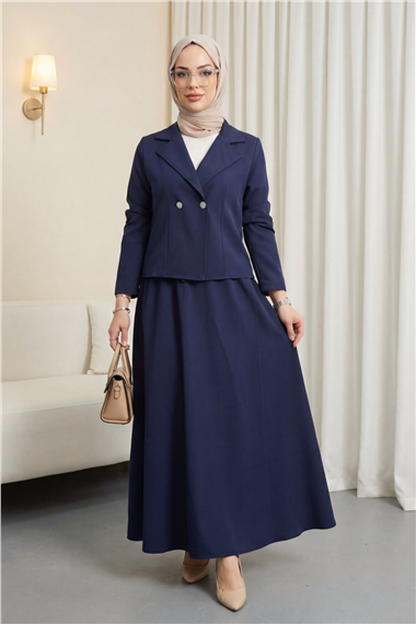 Önü Çift Düğmeli Kruvaze Yaka Ceket Etek Double Krep Takım   -Laci