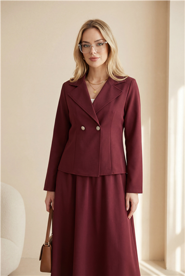 Önü Çift Düğmeli Kruvaze Yaka Ceket Etek Double Krep Takım   -Bordo