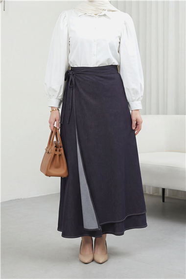 Önü Çift Kat Yan Bağcıklı Fermuarlı Kot Etek -Koyu Mor