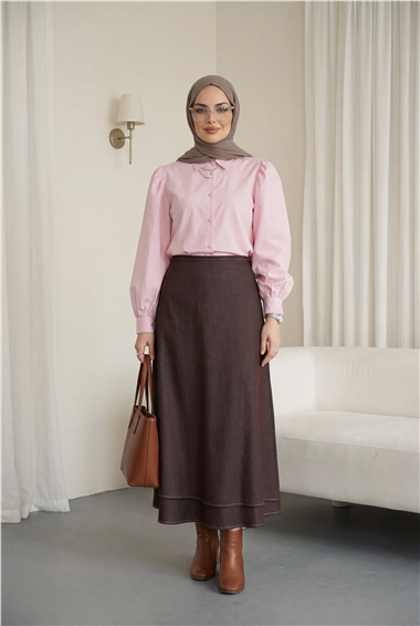 Önü Çift Kat Yan Bağcıklı Fermuarlı Kot Etek -Kahve