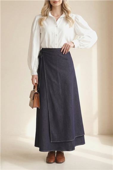 Önü Çift Kat Yan Bağcıklı Fermuarlı Kot Etek -Koyu Mor