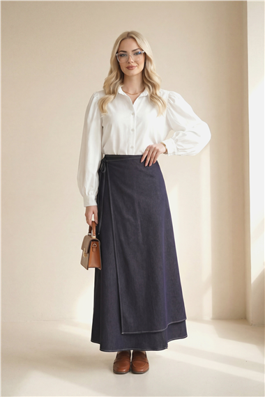 Önü Çift Kat Yan Bağcıklı Fermuarlı Kot Etek -Koyu Mor