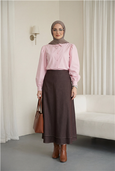 Önü Çift Kat Yan Bağcıklı Fermuarlı Kot Etek -Kahve