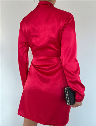 Önü Drapeli Bağcıklı Saten Elbise -Kırmızı