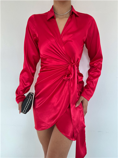 Önü Drapeli Bağcıklı Saten Elbise -Kırmızı