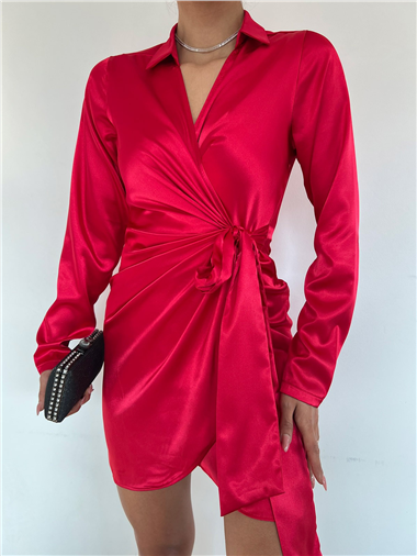 Önü Drapeli Bağcıklı Saten Elbise -Kırmızı