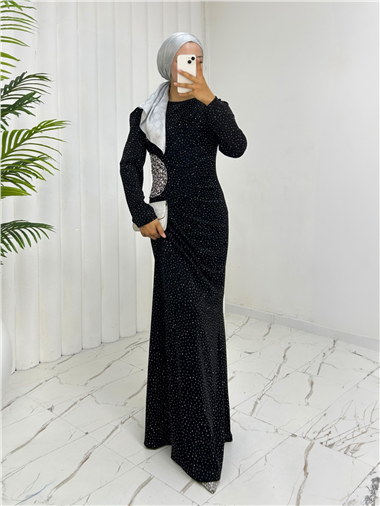 Önü Drapeli Taşlı Uzun Abiye -Siyah
