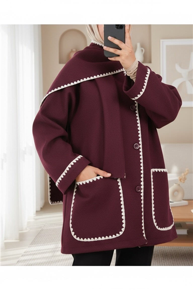 Önü Düğmeli Atkılı Cepli Ceket  -Bordo