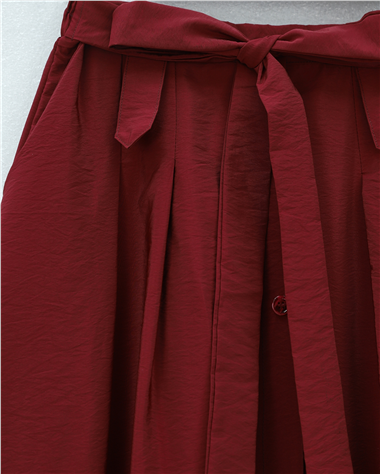 Önü Düğmeli Bağcıklı Paraşüt Etek -Bordo