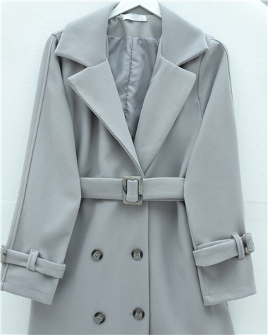 Önü Düğmeli Beli Ve Kolu Kemerli Cepli Astarlı Kaşe Kap  -Gri