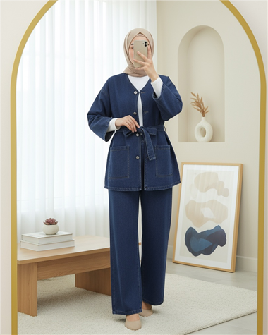 Önü Düğmeli Çİft Cepli Kuşaklı Kot Takım  -İndigo
