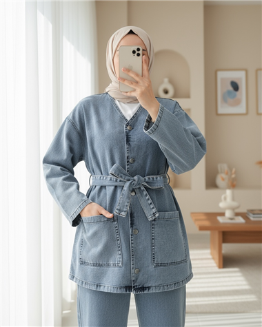 Önü Düğmeli Çİft Cepli Kuşaklı Kot Takım  -Buz Mavi