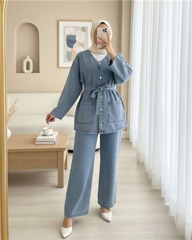 Önü Düğmeli Çİft Cepli Kuşaklı Kot Takım  -Buz Mavi