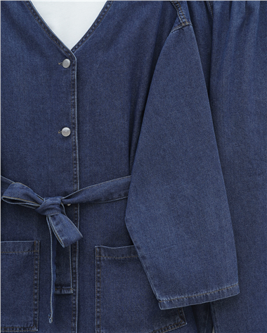 Önü Düğmeli Çİft Cepli Kuşaklı Kot Takım  -İndigo