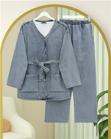 Önü Düğmeli Çİft Cepli Kuşaklı Kot Takım  -Buz Mavi