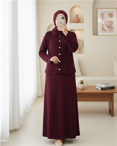 Önü Düğmeli Etekli Yakalı Triko Takım -Bordo
