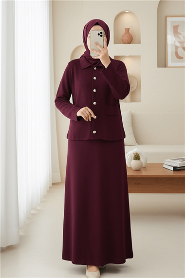 Önü Düğmeli Etekli Yakalı Triko Takım -Bordo