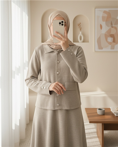 Önü Düğmeli Etekli Yakalı Triko Takım -Toprak