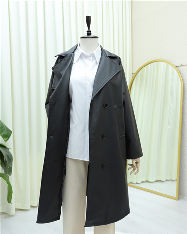 Önü Düğmeli Kemerli Astarlı Deri Pardesü -Siyah